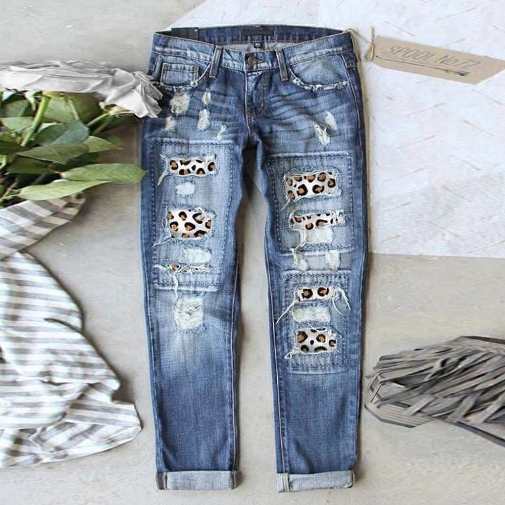 NEW! Broken Casual Straight Leg Jeans Patched Ripped Buffalo Plaid Distressed